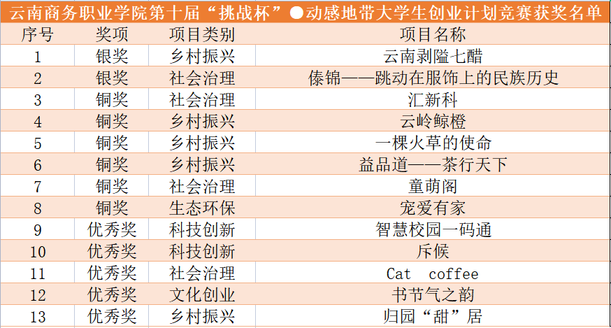 【喜报】2银7铜4优秀！云南商务职业学院在云南省第十届“挑战杯”·动感地带大学生创业计划竞赛中获佳绩